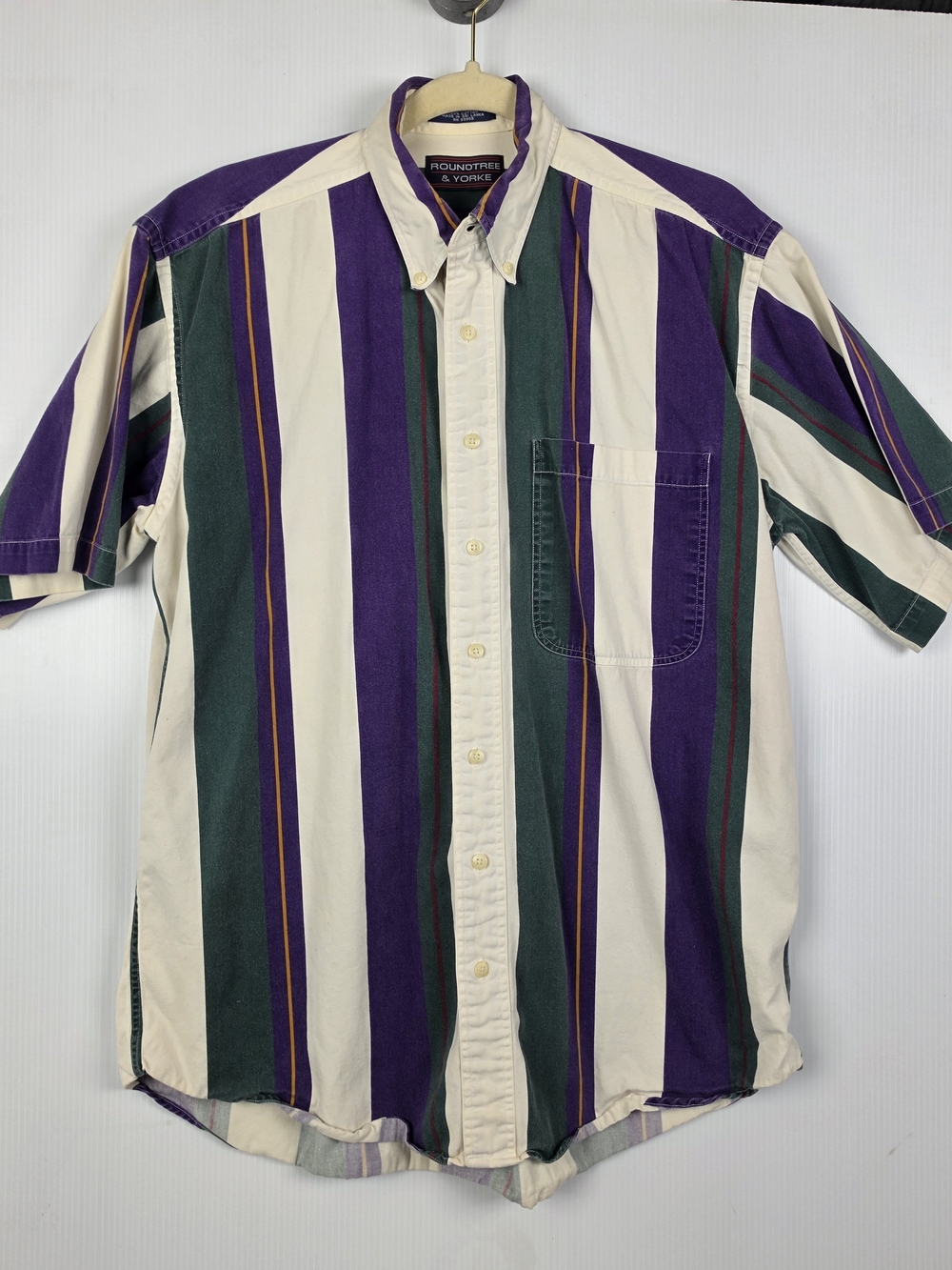 Roundtree & Yorke Men's Short-Sleeve Vertical Stripe Shirt - Purple & Green